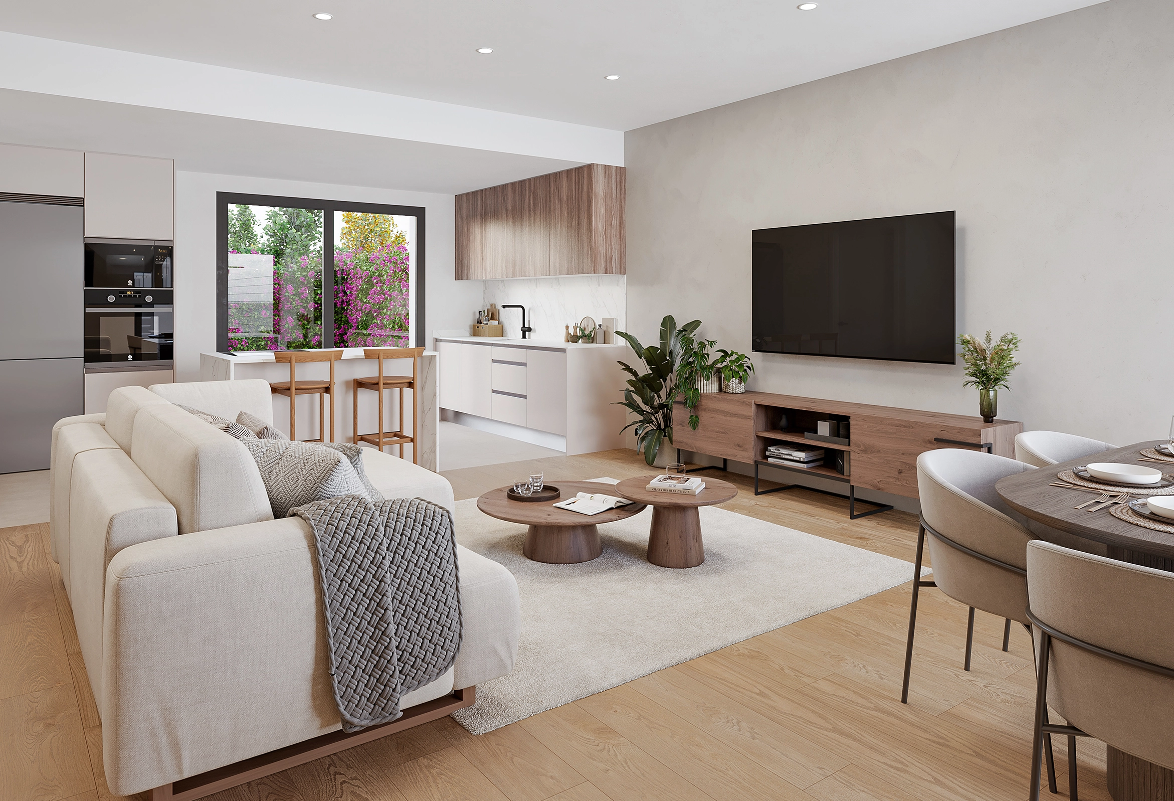 Cocina americana con salón-comedor decorado en estilos neutros y madera