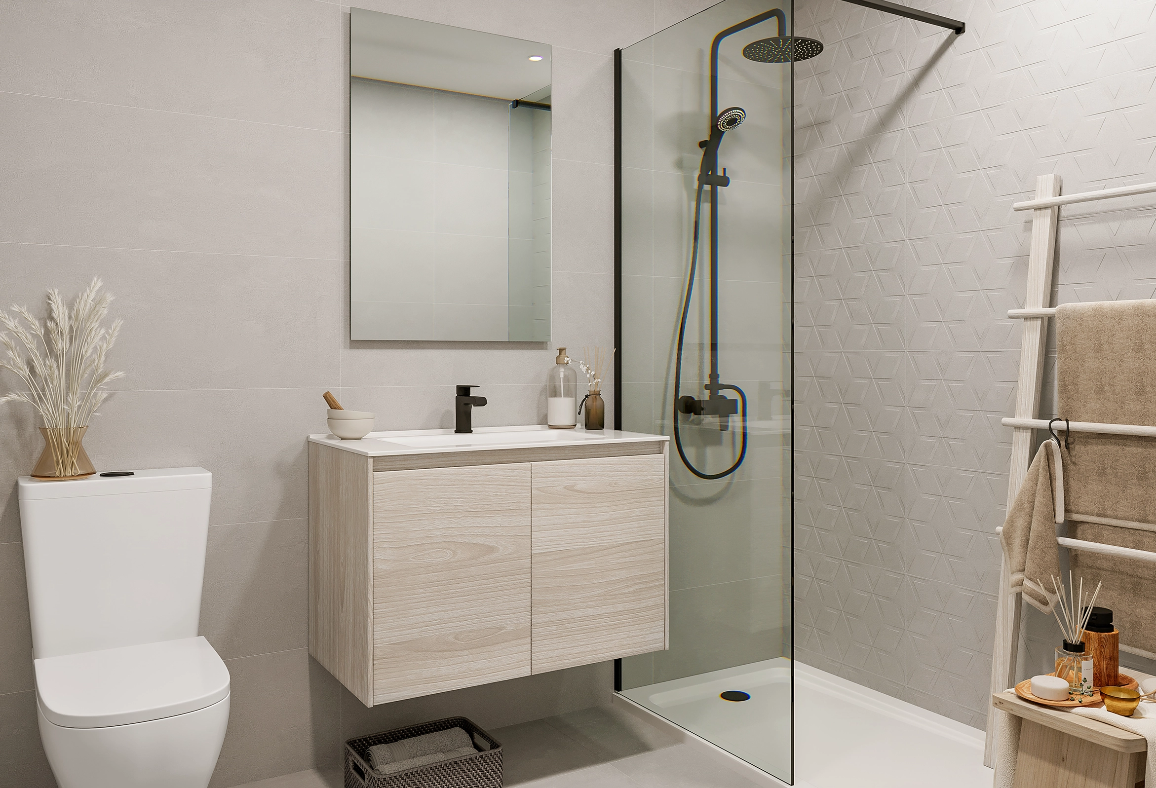 Cuarto de baño en estilo nórdico con ducha.